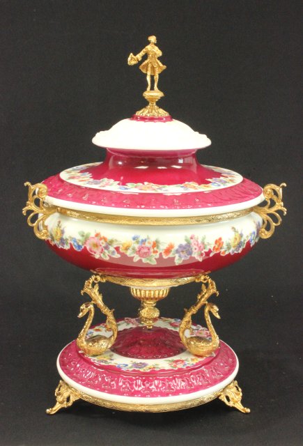 Red & White Italian Covered Tureen Centerpiece Approx. 17" H.