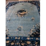 Ming Antique Chinese Carpet Blue background with birds & flowers. Approx. 9' H  x 12' W. Mild