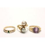 Lot of 3 Rings (1) 14k Gold & Pearl, (1) 14k Gold & Diamond with  Peridot, (1) 14k Gold with