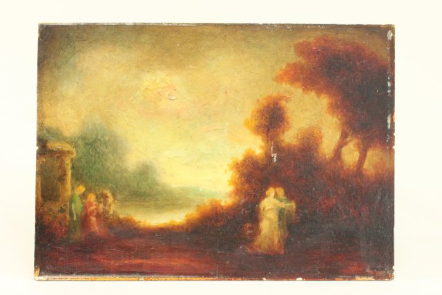 After Bouguereau, Landscape with Figures Oil on panel. Unframed. Approx. 6 1/4" H x 9 1/2"  W.