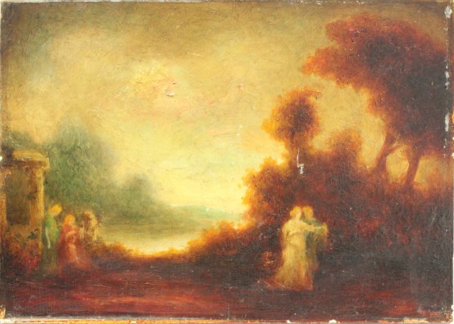 After Bouguereau, Landscape with Figures Oil on panel. Unframed. Approx. 6 1/4" H x 9 1/2"  W. - Image 2 of 3