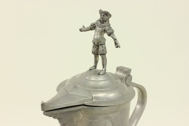 Pewter Figural Flagon Angel feet. Figure on top. Floral design. Approx  15" H. - Image 2 of 6