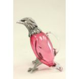 Cranberry Glass & Silver Plate Bird Form Jug Claret jug approx. 9 3/4" H.