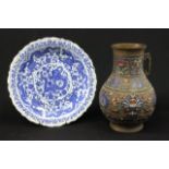 Cloisonne Vase and Blue & White Porcelain Dish Dish with serpent design approx. 12 1/2" D. Vase