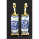 Pair of Spode Blue Italian Canister Lamps Marked "Spode". Approx. 27 3/4" H to top of  finial.