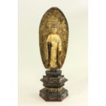 Lacquered Gilt Wood Buddha Edo period. Approx. 17 1/2" H. Hands missing,  general age wear. Hands