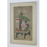 Korean Framed Watercolor Depicting coffee table, urn of flowers. Approx.  26" x 15" unframed, 32"