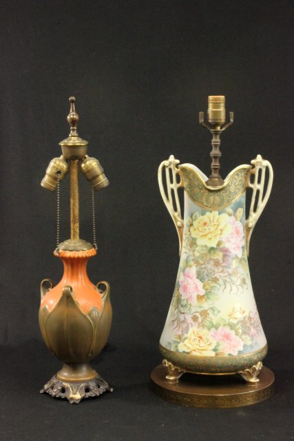 Two Porcelain & Pottery Vases Mounted as Lamps Larger possibly Nippon, approx. 17 1/2" H, floral