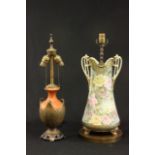 Two Porcelain & Pottery Vases Mounted as Lamps Larger possibly Nippon, approx. 17 1/2" H, floral
