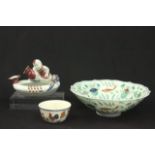 3 Porcelain Chinese Items Including figural brush washer, small brush washer  decorated with