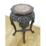 Heavily Carved Chinese Teak & Marble Top Stand Octagonal, approx. 24" by 12".