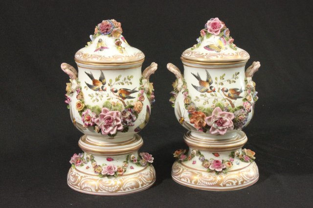 Pair of German Cash Pots Handpainted floral design. 19th Century. Approx.  12" H. 1 cover broken.