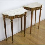 Pair of Marble Top Console Tables Mid-century serpentine front with porcelain  plaques & brass