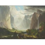 Mountain Landscape Possibly Yosemite. Oil on canvas. 19th Century.  Approx. 24" H x 32" W