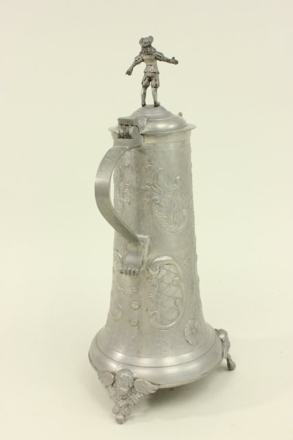 Pewter Figural Flagon Angel feet. Figure on top. Floral design. Approx  15" H. - Image 6 of 6