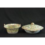 Chinese Porcelain Dish & Basket 1 porcelain covered vegetable dish & 1 reticulated  basket.