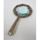 Chinese Silver & Jade Magnifying Glass Carved jade handle. Mounted in jeweled silver.  Stamped