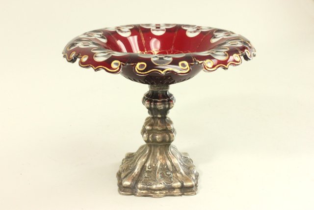 Red Bohemian Glass & Silver Plate Compote Approx. 8" H x 8 1/2" D.