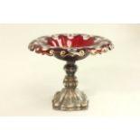 Red Bohemian Glass & Silver Plate Compote Approx. 8" H x 8 1/2" D.