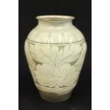 Korean Pottery Punching Jar Decorated with graffito peony design. Crackle  finish. Approx. 12" H.