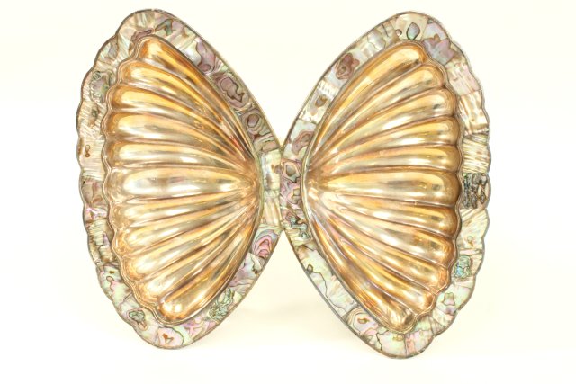 Castillo Mexico Butterfly Tray In silver plate & mother of pearl. Approx. 10 1/2"  H x 8 1/2" W. - Image 2 of 4