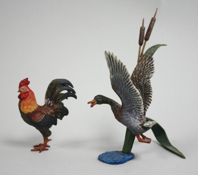 2 patinated bronze birds Rooster approx. 3 1/2" H. Mallard approx. 7 1/2"  H.