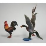 2 patinated bronze birds Rooster approx. 3 1/2" H. Mallard approx. 7 1/2"  H.