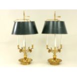 Pair of Bronze Large Bouillotte Lamps With Swans With green tole shades. Approx 32" H.