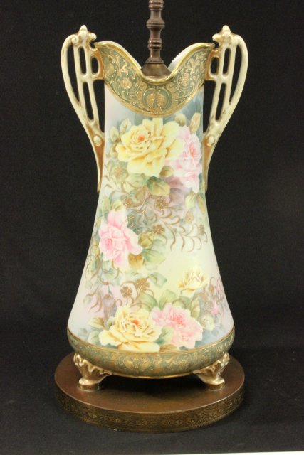 Two Porcelain & Pottery Vases Mounted as Lamps Larger possibly Nippon, approx. 17 1/2" H, floral - Image 2 of 7