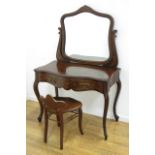 Mahogany Vanity With Swivel Mirror & Stool Ca. 1910. Inlaid. Serpentine front. Approx. 58" H  x 38