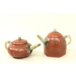 Two Asian Ceramic Teapots With stone spouts & handles. Largest approx. 4  1/2" H x 6" W.