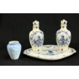 Delft Porcelain Decanter Set & Vase Scenes of windmill. B&G vase with seagull motif.  (4041). Line