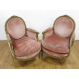 Pair of Gilt Wood French Bergere Chairs With pink upholstery. Ca. 1900's.