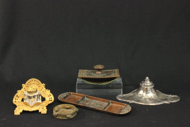 Lot of Desk Wares Including silver plate inkwell with original  insert, inkwell with original