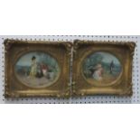 Pair of Gilt Framed Watercolor Paintings Courting scenes. Unsigned. Continental. 19th  Century.