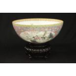 Chinese Eggshell Porcelain Pink Bowl on Stand 2 panels of women fishing, interior floral &