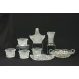 Cut glass pieces 8 pieces. Divided cut glass candy dish, basket,  oval dish, vase & 4 cut glass