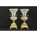 Pair Large Baccarat Style Cut Crystal Urns Gilt bronze. With figural handles & paw feet.  Approx. 23