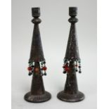 Pair of Israeli Sterling Silver Candlesticks With hanging beads. Stamped Israel 925. Approx. 8  3/4"