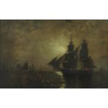 Attributed to Edward Moran, "Moonlit Harbor" Oil on canvas laid on board. Framed. Unsigned.