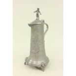 Pewter Figural Flagon Angel feet. Figure on top. Floral design. Approx  15" H.