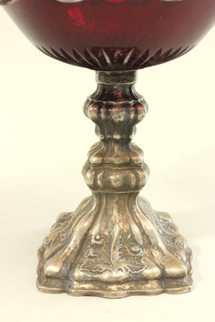 Red Bohemian Glass & Silver Plate Compote Approx. 8" H x 8 1/2" D. - Image 3 of 3