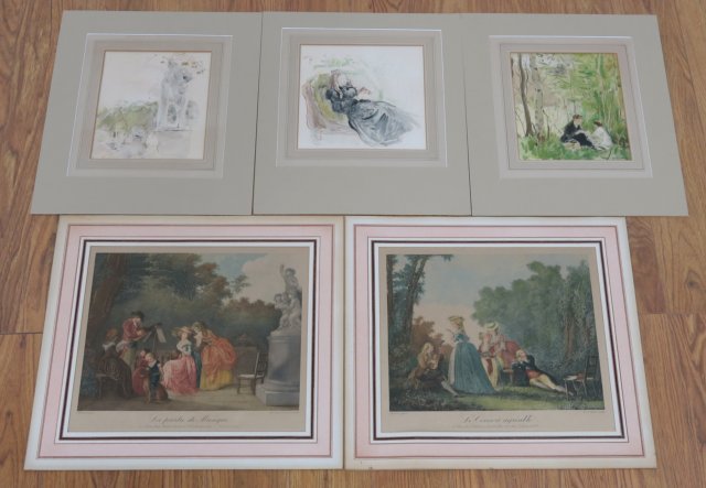 Lot of 5 Colored Prints (3) After Berthe Morisot. One signed in plate.  Approx. 9" H x 8" W