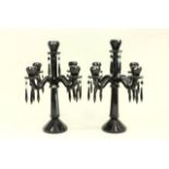 Pair of Cobalt Glass 5 arm Candelabra With hanging crystals. Approx. 17" H x 13" W. Good  condition.