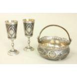Russian Niello Silver Basket & Wine Cups 2 cups, approx 4" H. 3 pieces total. Swivel handle  on