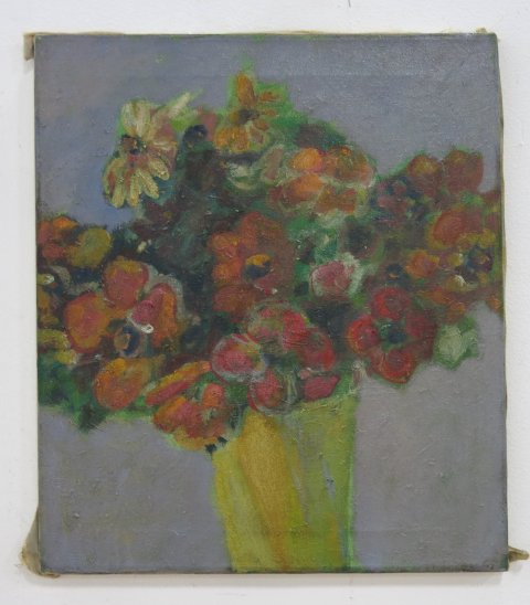 William Lyberis, "Floral Still Life" Oil on canvas. Unframed. Signed, titled, & dated  on rear.
