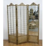 3 Sectioned Mirrored Screen Painted Gold Approx. 75" H, each panel approx. 21 1/4" W.  Cracks to