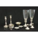Lot of Sterling Silver Including pair of candleholders with etched glass  shades, pair of weighted