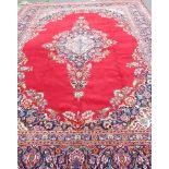 Red Persian Rug Center Medallion Kashan Carpet Approx. 10' H x 14' W.
