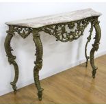 Baroque Style Marble Top Console Table With brass base. Approx. 34" H x 49" W x 12" D.